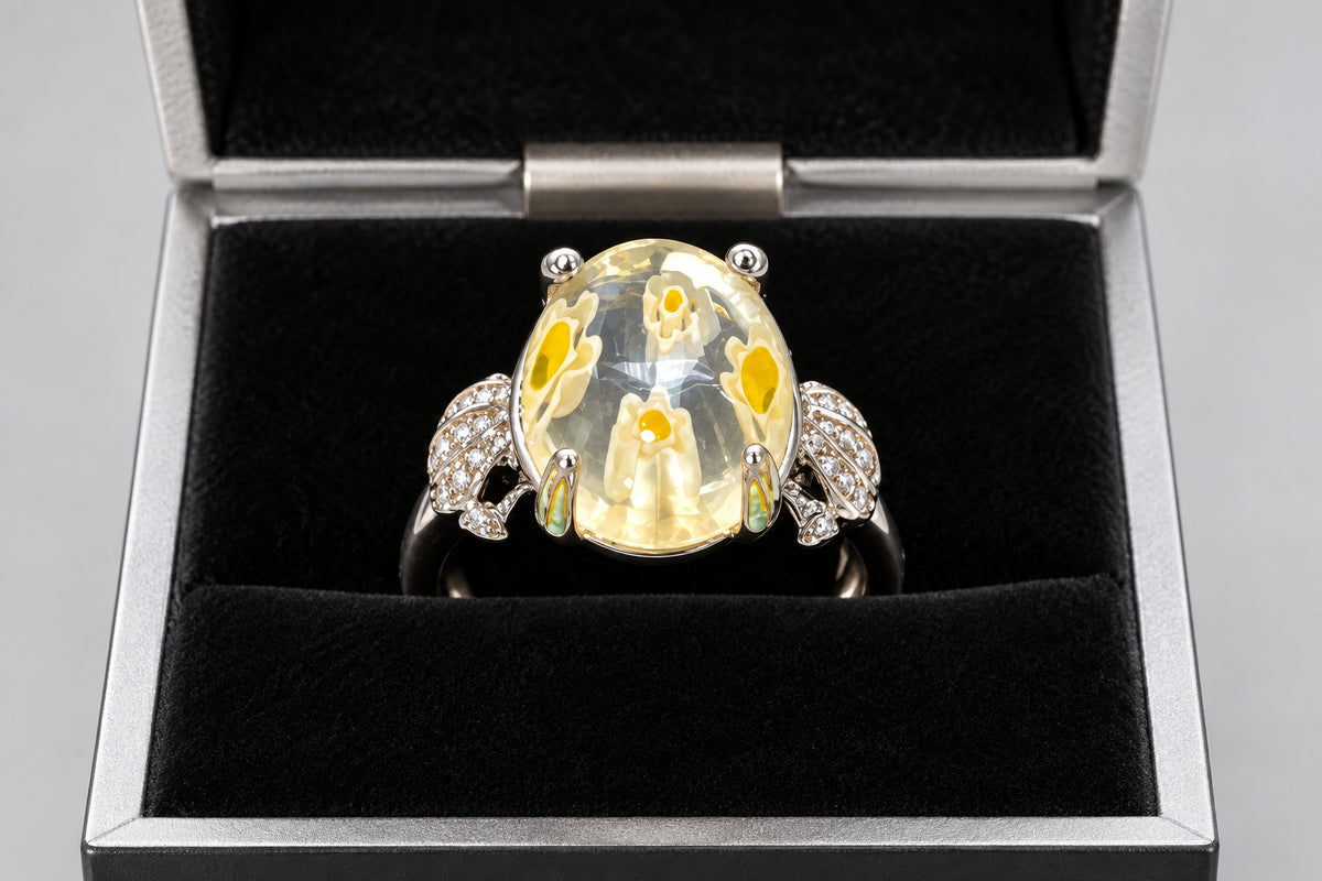 Rings - Sterling Silver - Mosaic - Yellow - Floral Pattern - encased in clear glass - Size 6.5