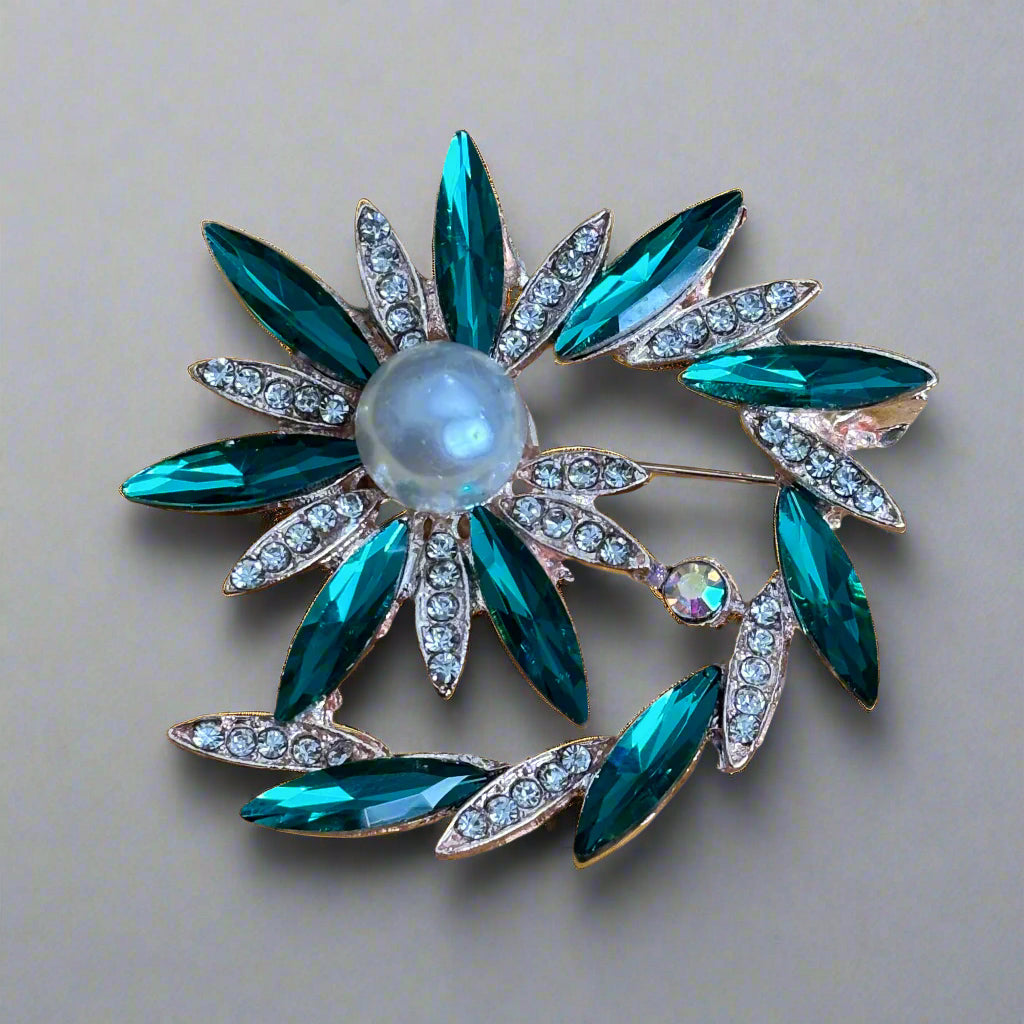 Brooch - Flower Made up of Rhinestones and Emerald Gems