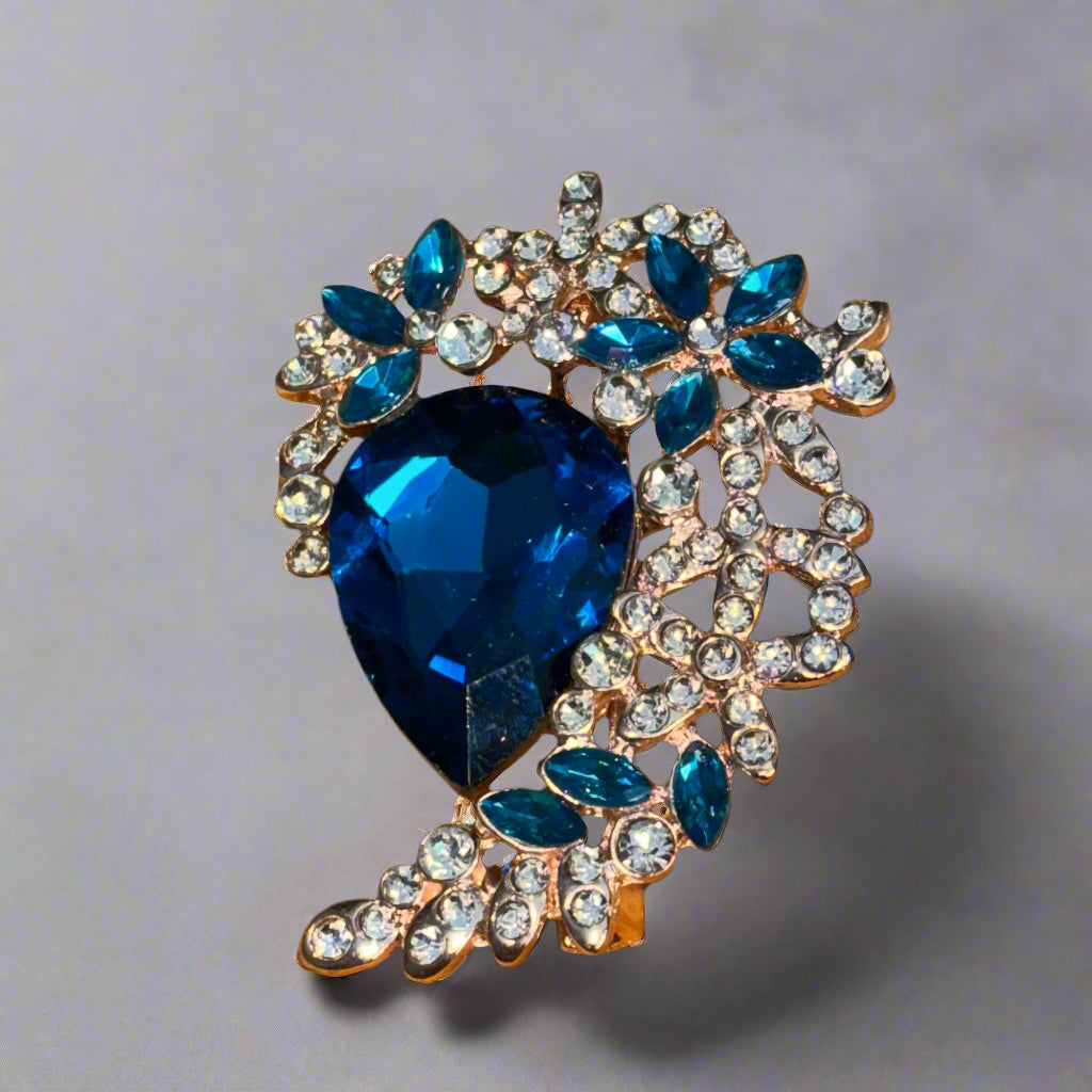 Brooch - Deep Blue Aquamarine Tear Drop Gem