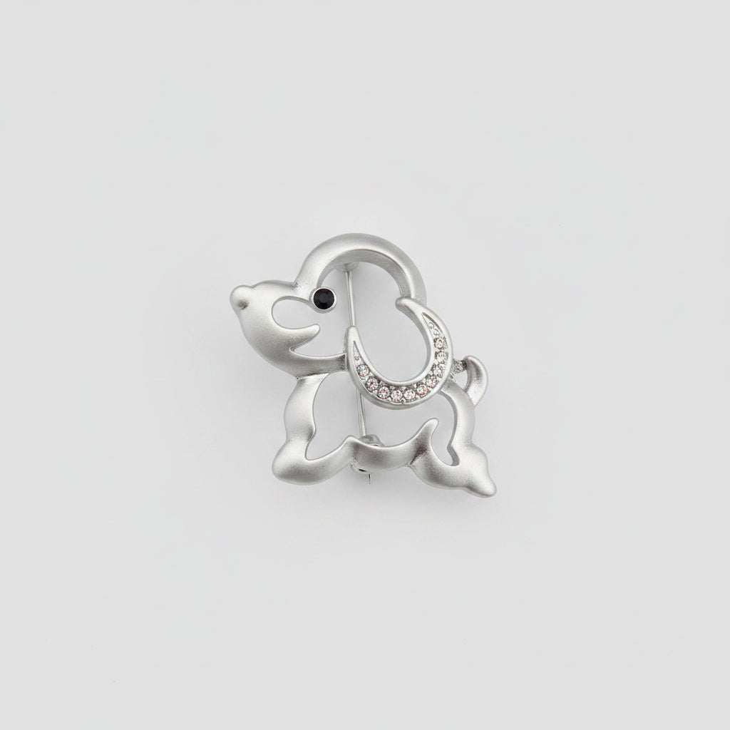 Brooch - Silver Tone Dog with Rhinestones