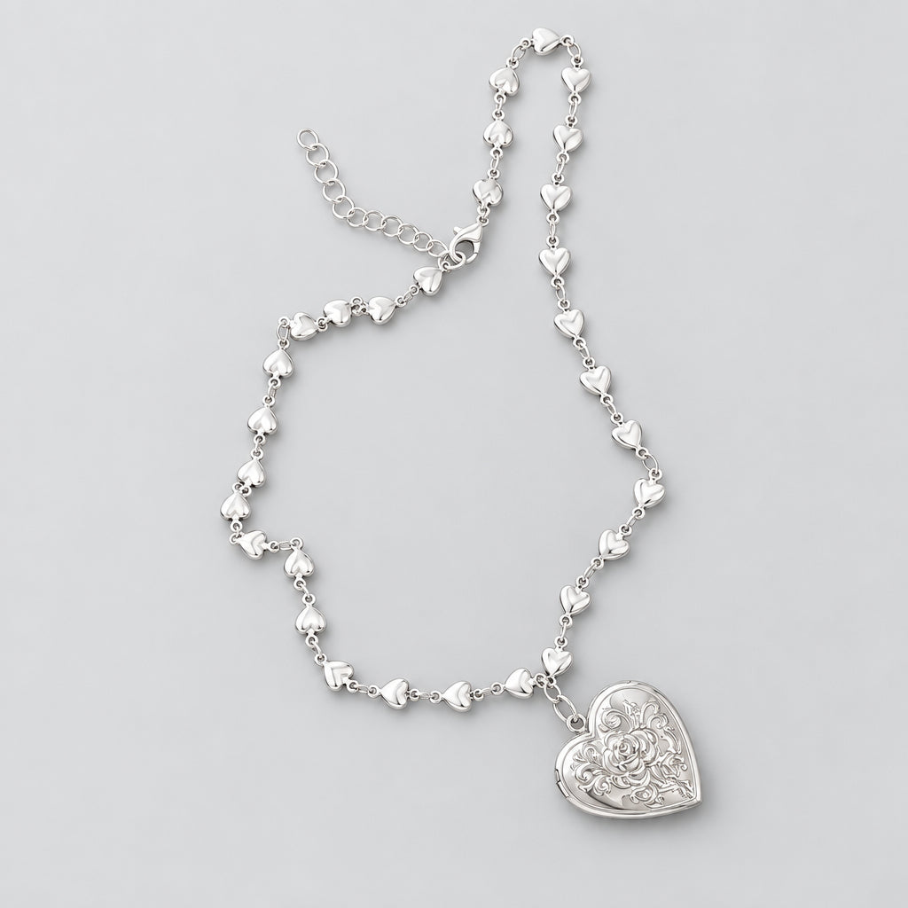 Necklace - Vintage-Inspired - Silvertone - Rose Heart - Locket - with Heart Chain
