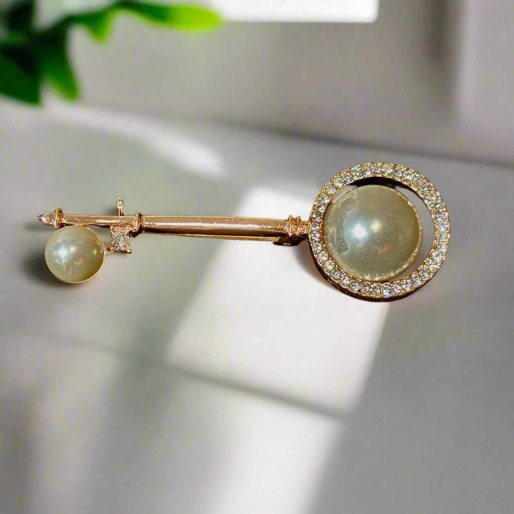 Brooch - Key Shape with Pearl and Rhinestone Accent