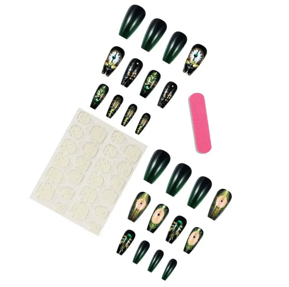 Press on Nails - Emerald Green Clock Face
