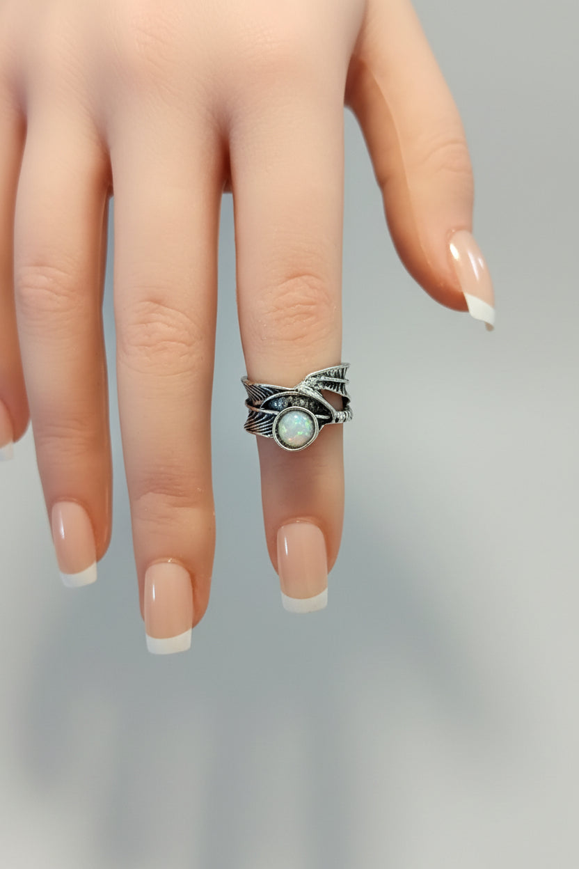 Ring - Feather with Moonstone Set in Oxidized Sterling Silver - Size 5