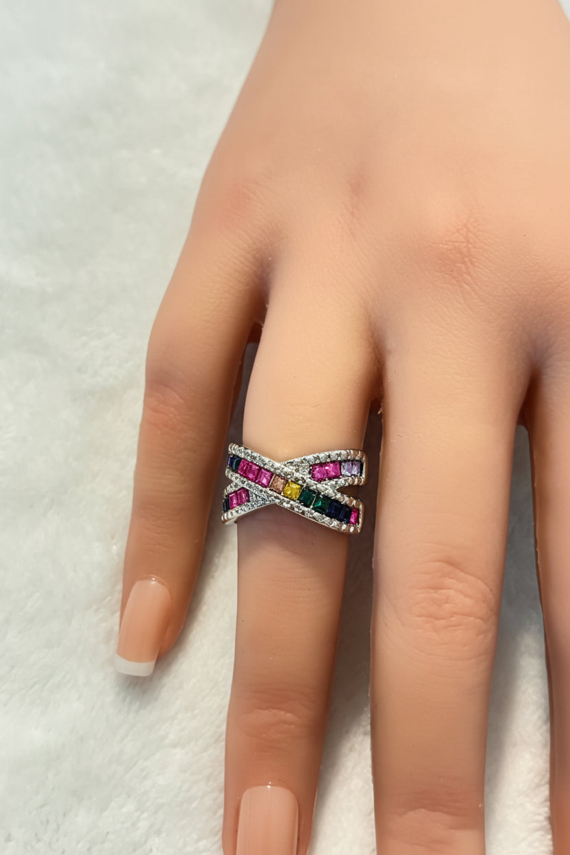 Ring - Silver Tone - Multicolored Crystals - Size 8