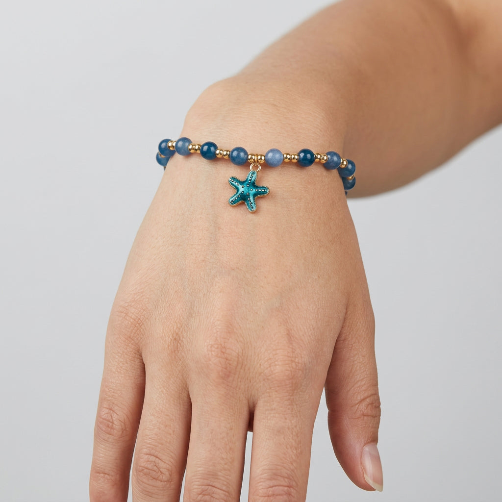 Bracelet - Stretch - Hand Crafted - Vibrant - Blue Beaded - Gold Tone Spacer Beads