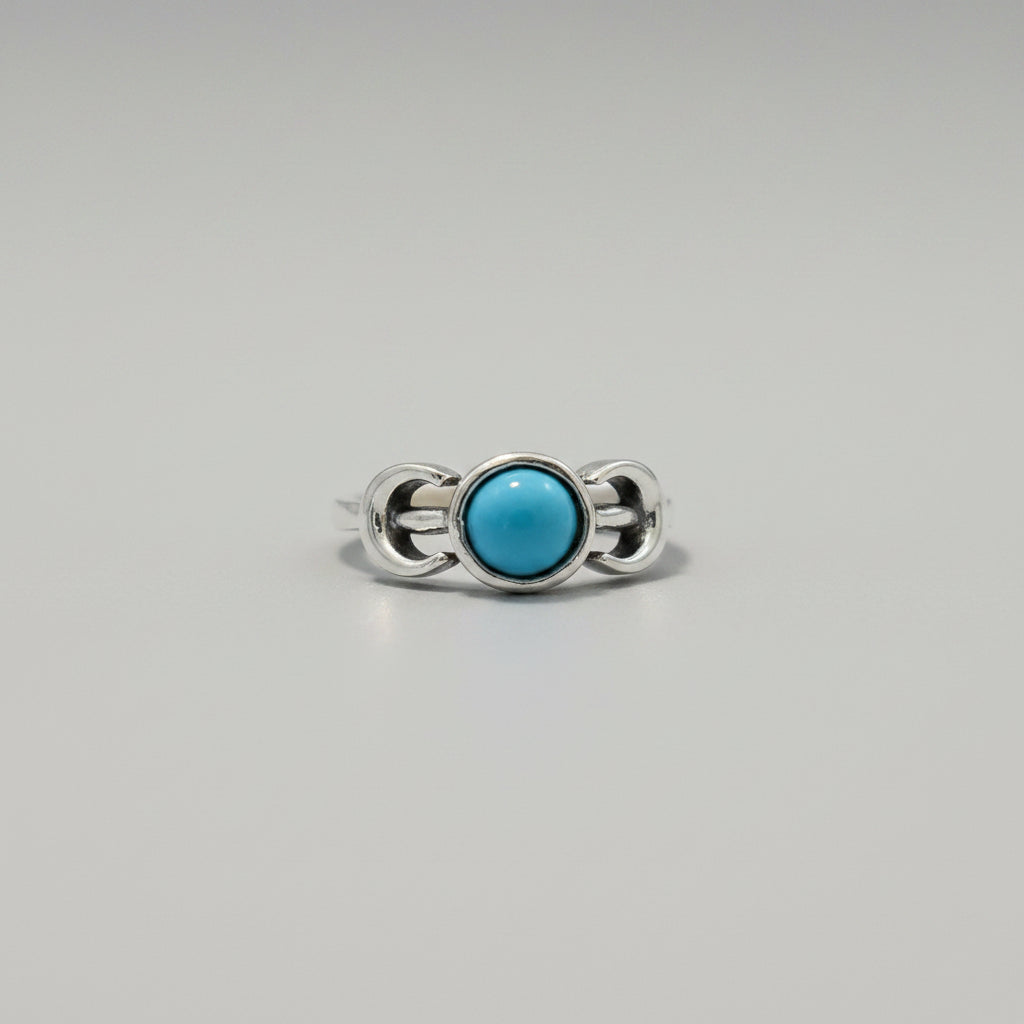Ring - Blue Turquoise - Silver Tone With Central Blue Cabochon Flanked by Two Crescent Moon Motifs