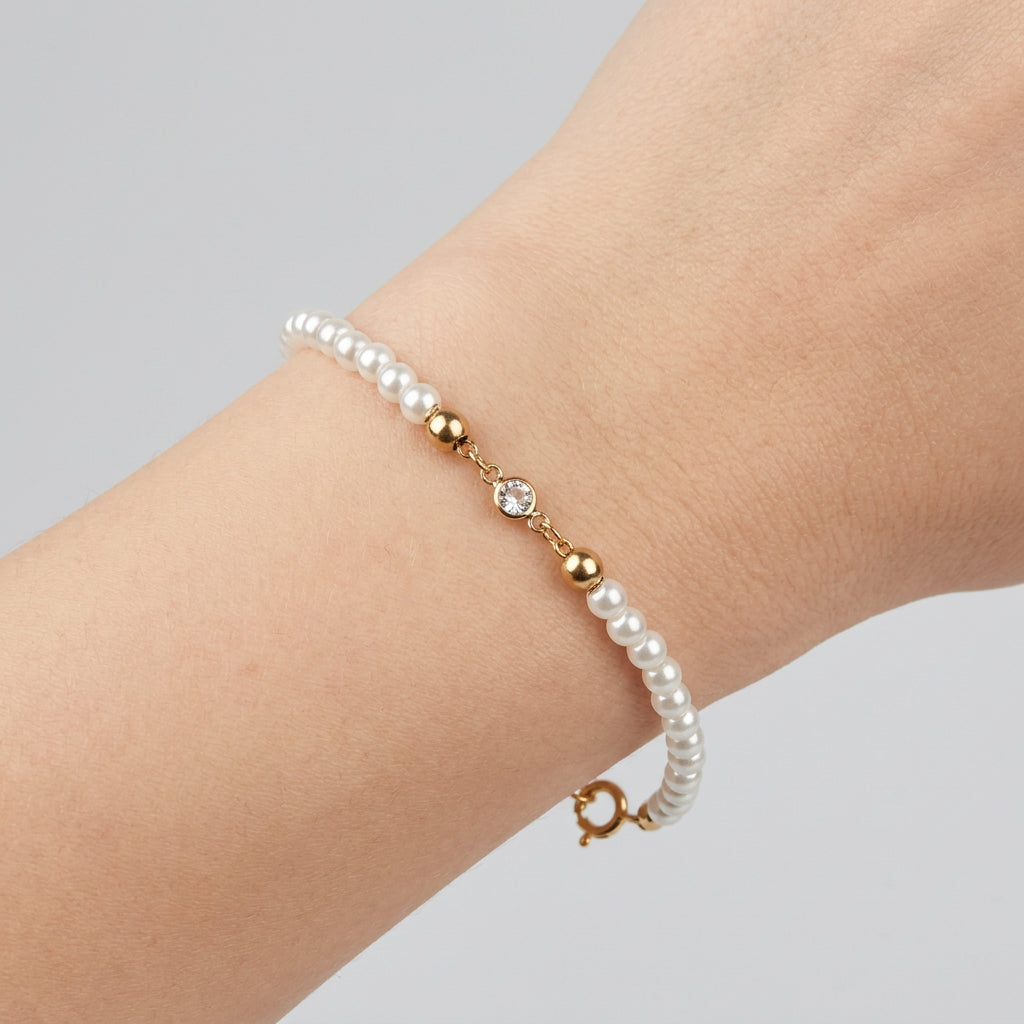 Bracelet - Tiny Faux Pearls - with a Transparent Center Quartz - and Gold Tone Lobster Clasp
