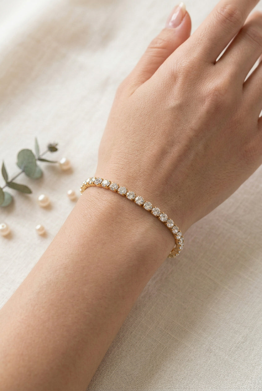 Bracelet - Stretch - Gold Tone - Rhinestone - Tennis