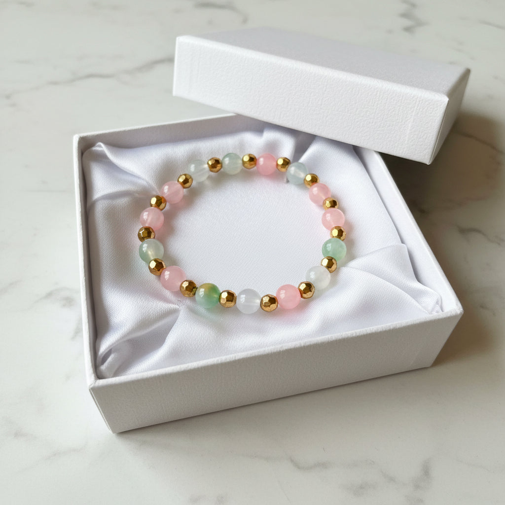Bracelet - Stretch - Multi Colored Round Beads with Gold Tone faceted Beads