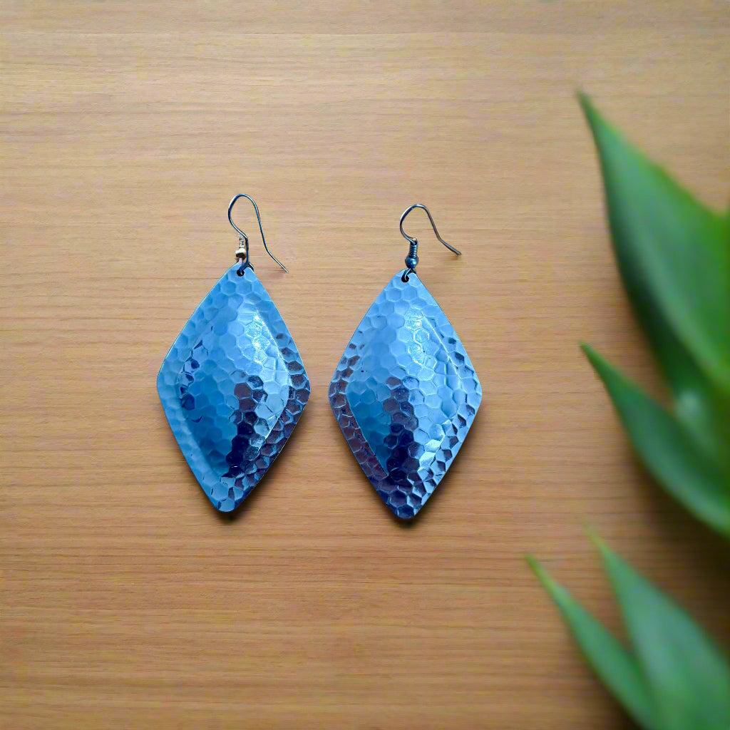 Earrings - Diamond Shaped Silvertone Hammered Effect