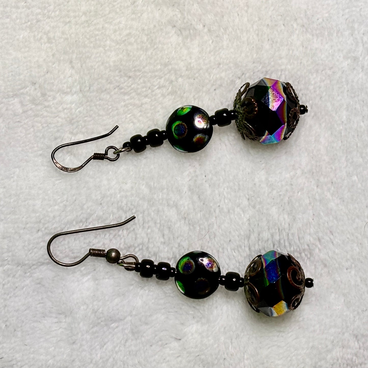 Earrings - Black Iridescent Rainbow Beads