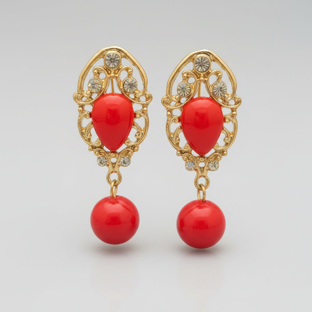 Earrings - Red Beaded Dangle Accented with Rhinestones