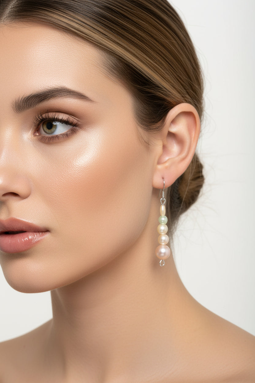 Earrings - Handmade - Light Green Beads and Faux Pearls