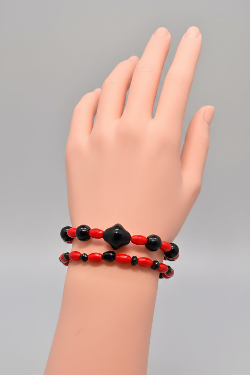 Bracelet - Set of 2 - Stretch Red & Black Beaded
