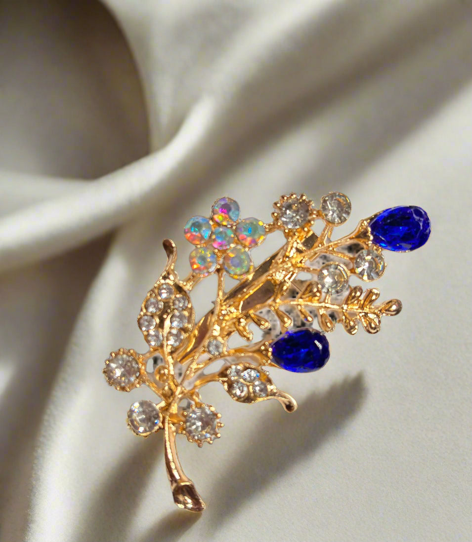 Brooch - Floral Leafy Branch with Blue Buds