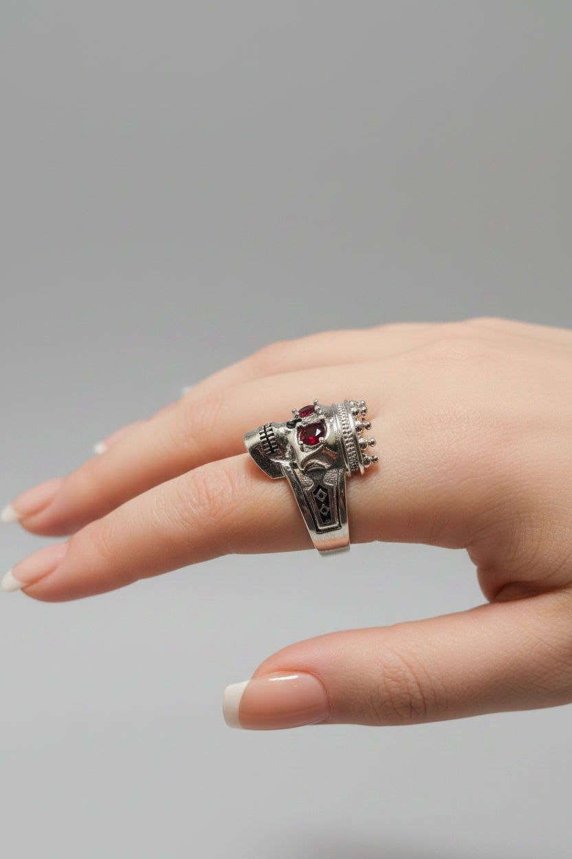 Ring - Silver Tone Skull with Crown and Red Gem Eyes - Size 10