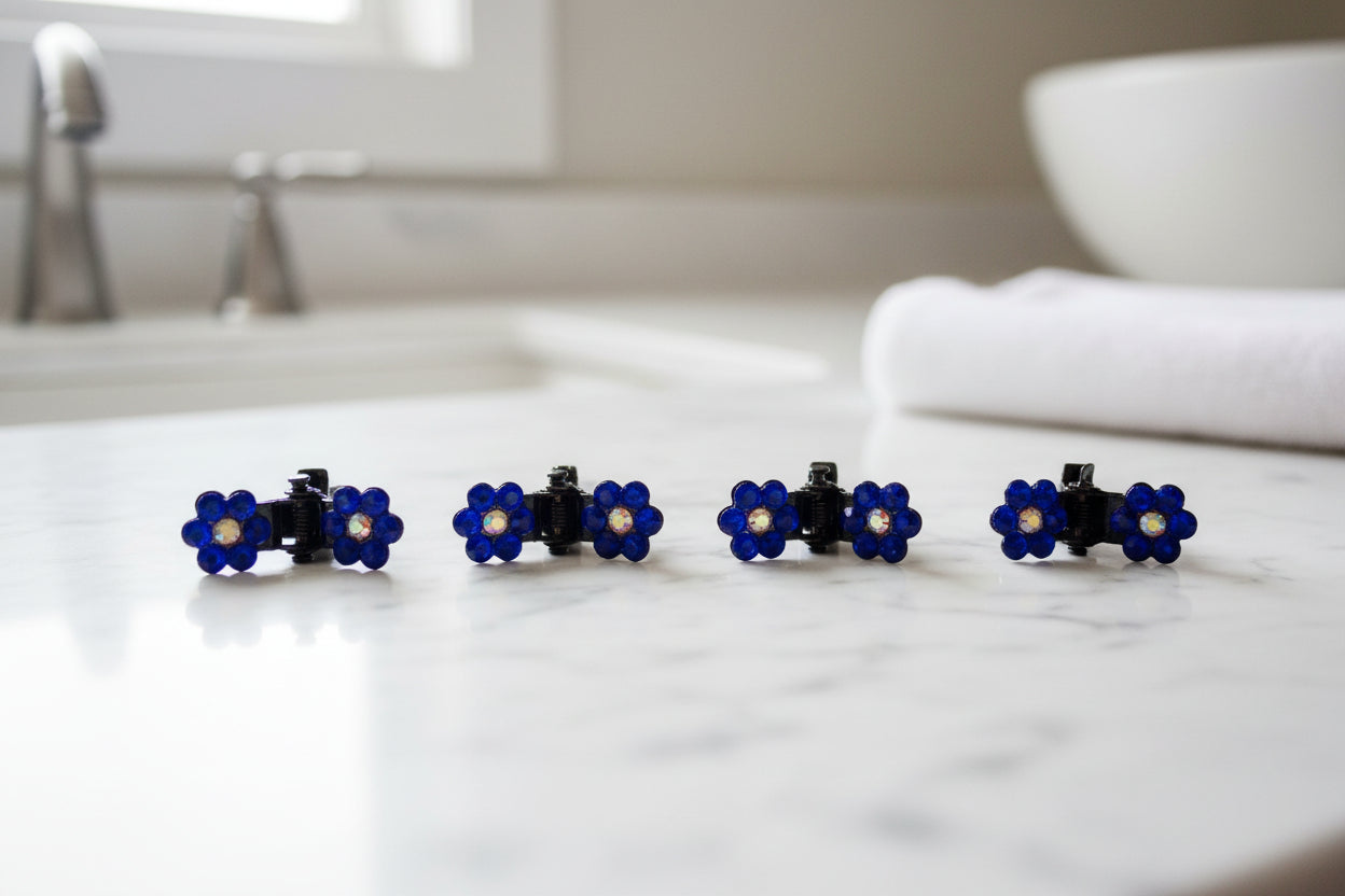 Mini Hair Claws - Blue and Iridescent Flower Gems - Set of 5