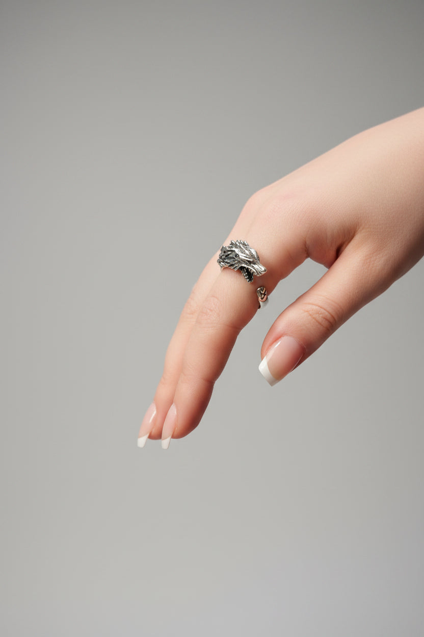 Ring - Silver Tone - Alloy - Open End - Dragon Head - Size 9