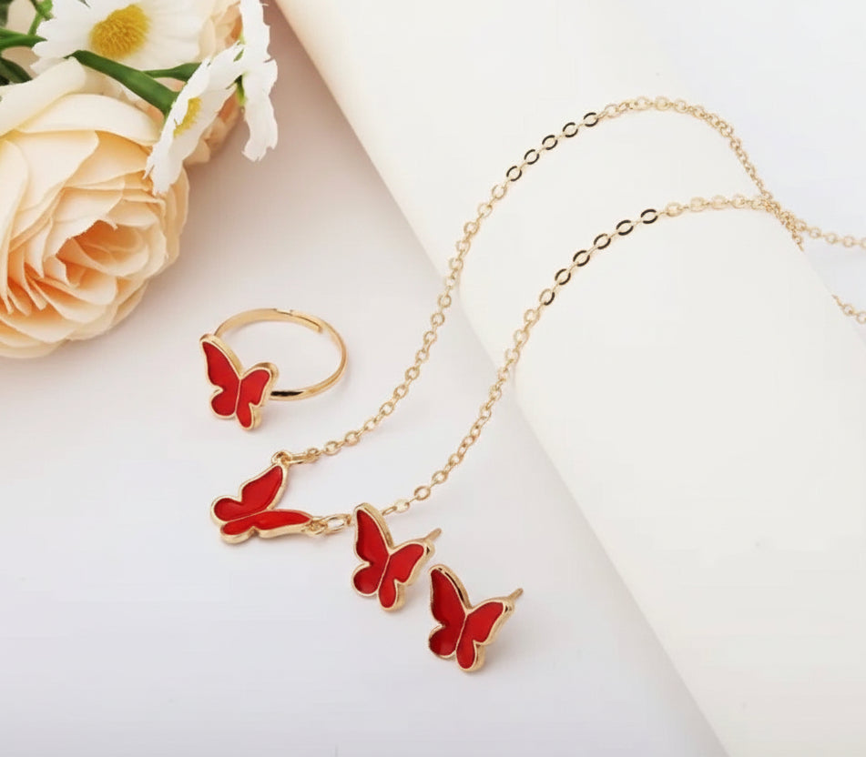 Jewelry Set - Butterfly Necklace, Bracelet & Earrings - Available in Black or Red Enamel