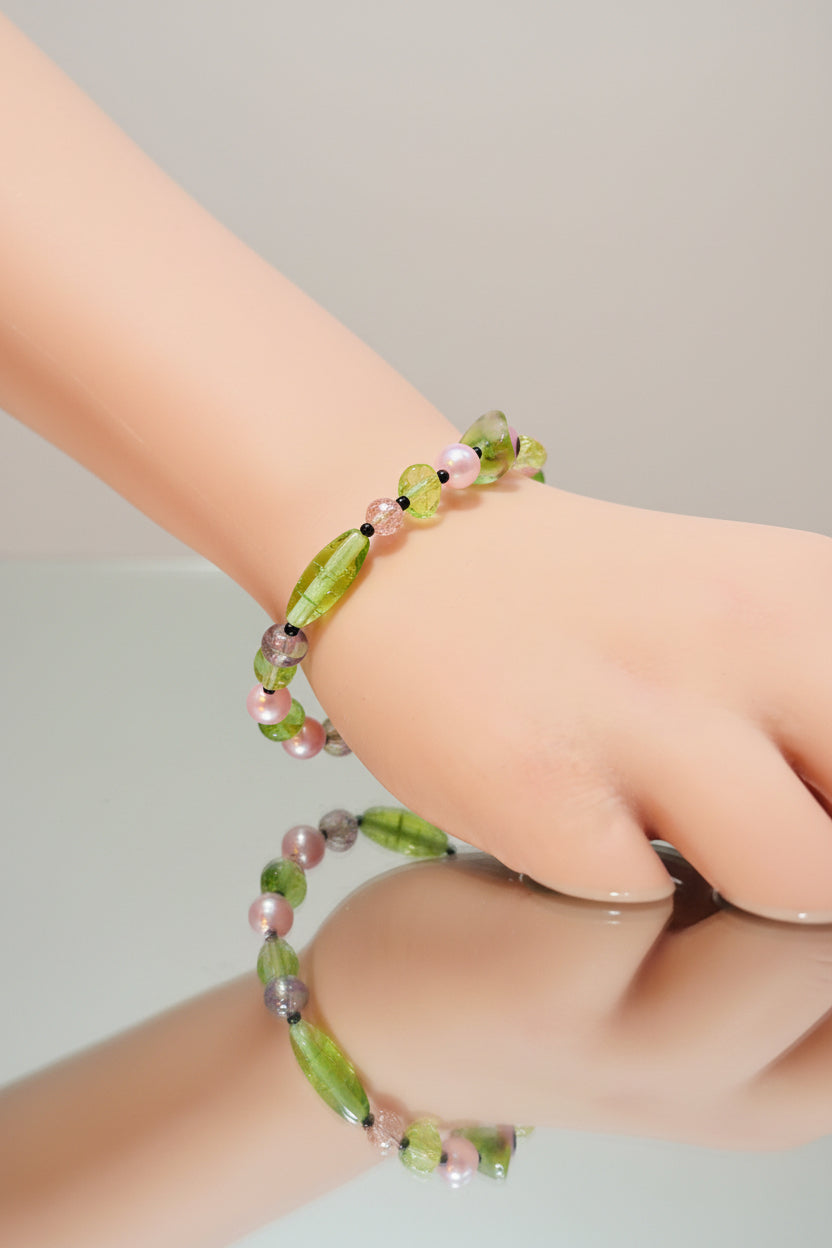 Bracelet - Green Leafy and Pink Floral Translucent Beads