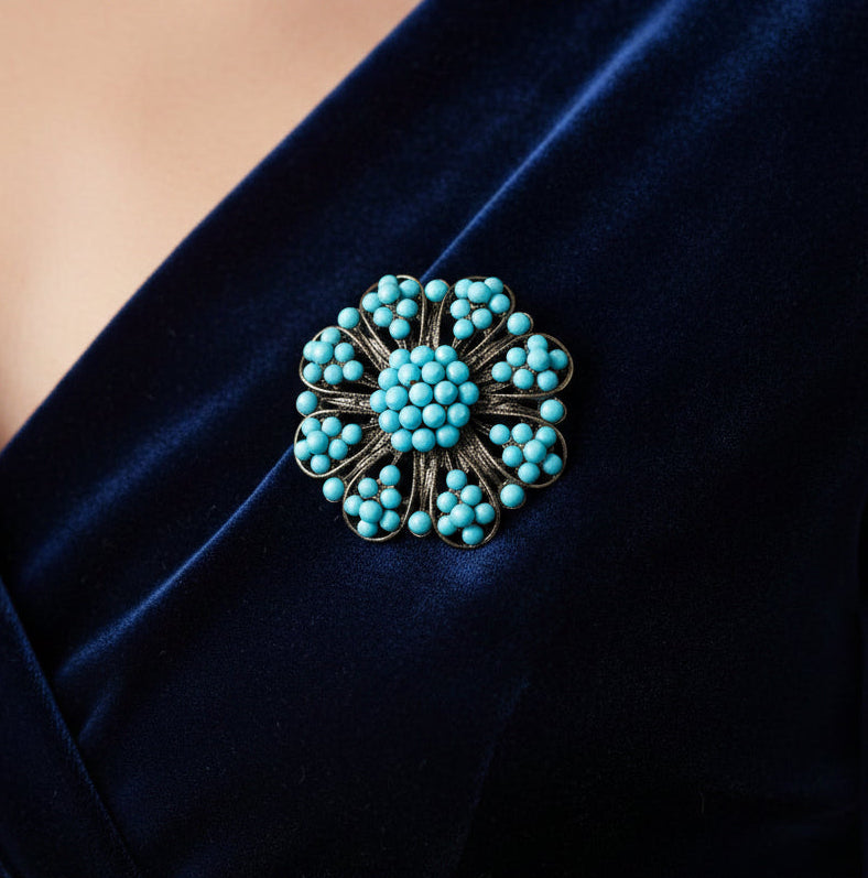 Brooch - Vintage - Turquoise Beads on a Dark Metal Filigree Design