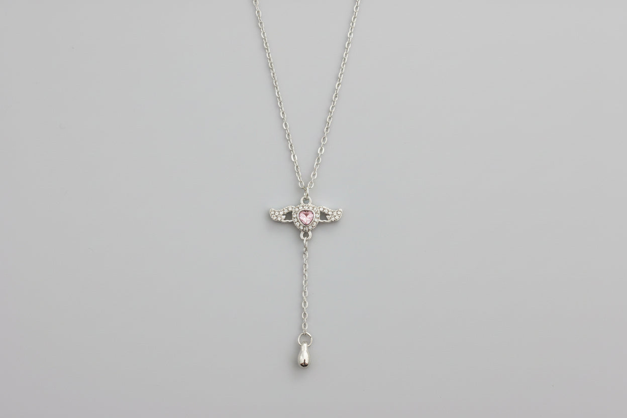 Necklace - Heart with Angel Wings Pendant and a Y Drop Style Chain