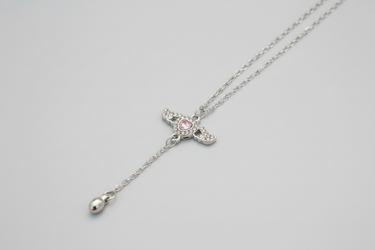 Necklace - Heart with Angel Wings Pendant and a Y Drop Style Chain