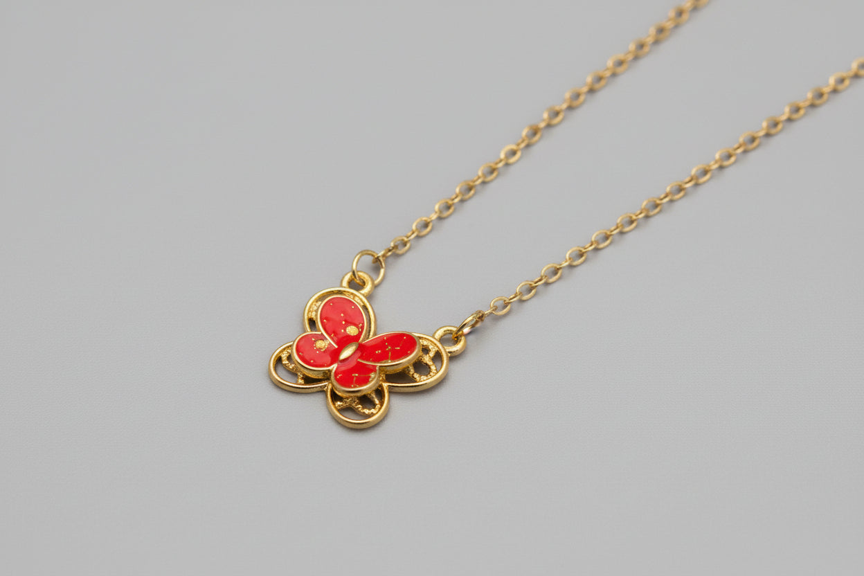 Necklace - Gold-Tone Red Enamel Butterfly Pendant