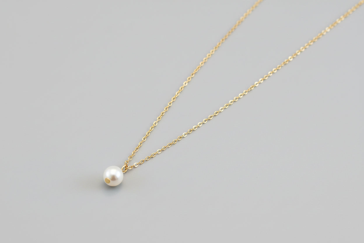 Necklace - Dainty Gold-Tone Single Faux Pearl