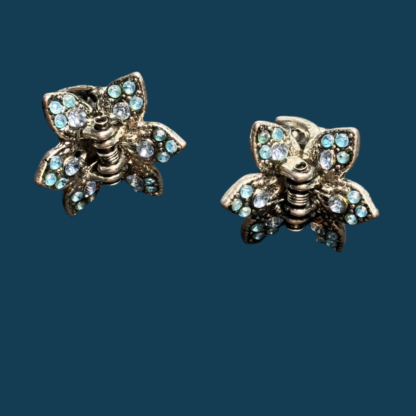 Hair Clips - Set of 2 - Flower shaped with Blue Rhinestones