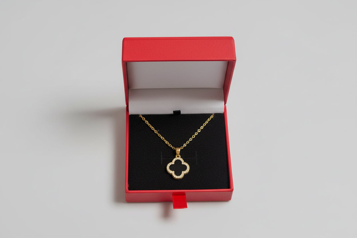 Necklace - Elegant Gold-Tone Black Clover Pendant