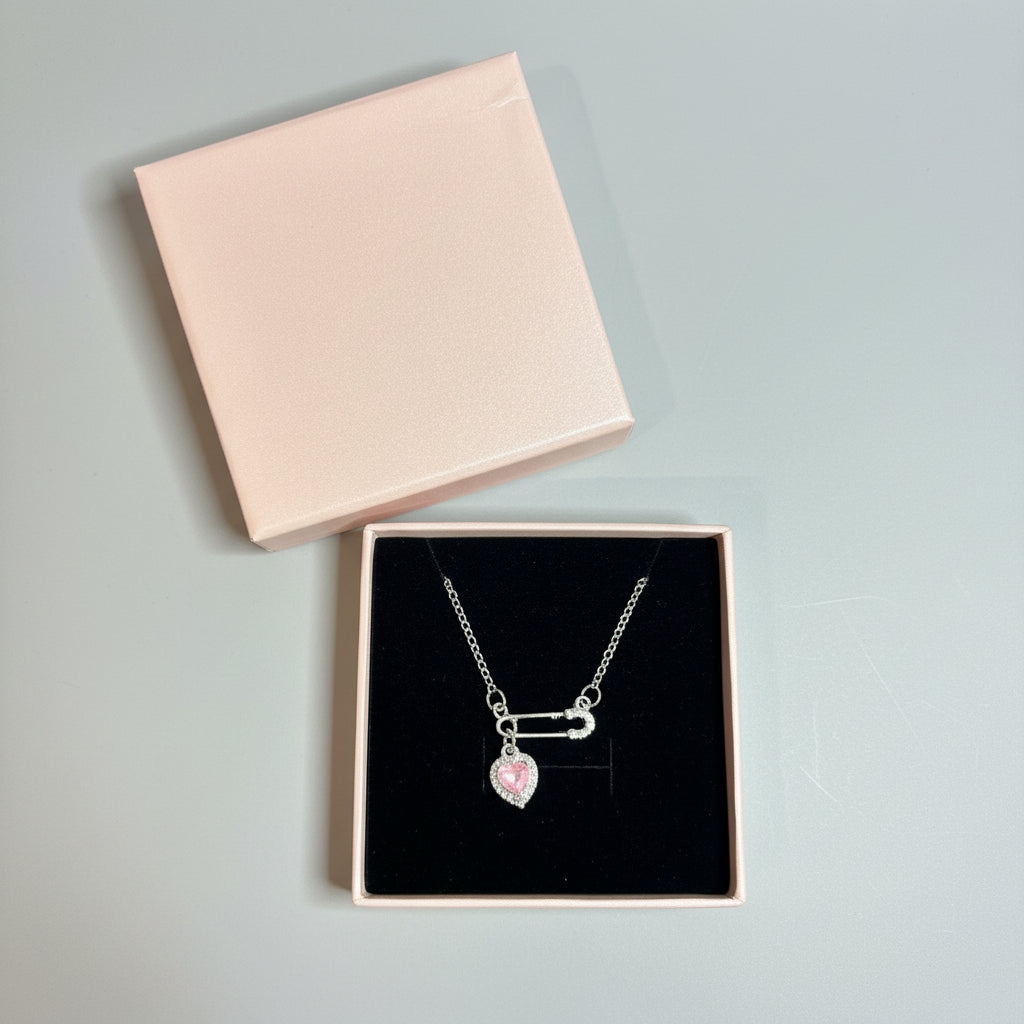 Necklace - Pink Dangle Heart Charm with Sparkly Safety Pin Pendant