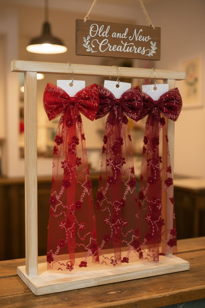 Hair Bow - Oh My Stars - Red Tulle Bow and White Sequins Stars