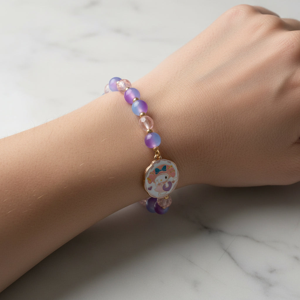 Bracelet - Stretch - Purple Pink Beads & Gold Spacer Beads & a My Melody Charm