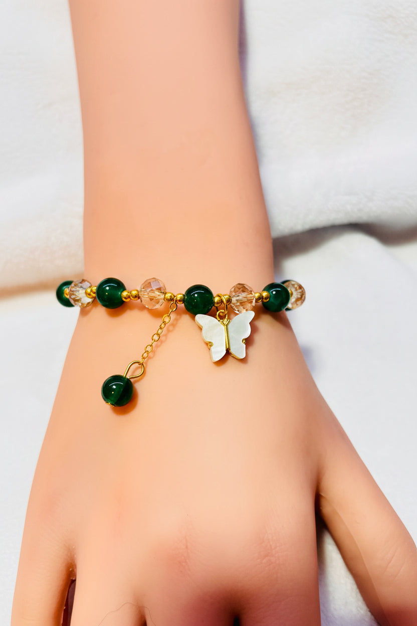 Bracelet - Stretch - Green and Champagne Beads & Gold Spacer Beads & Butterfly Charm