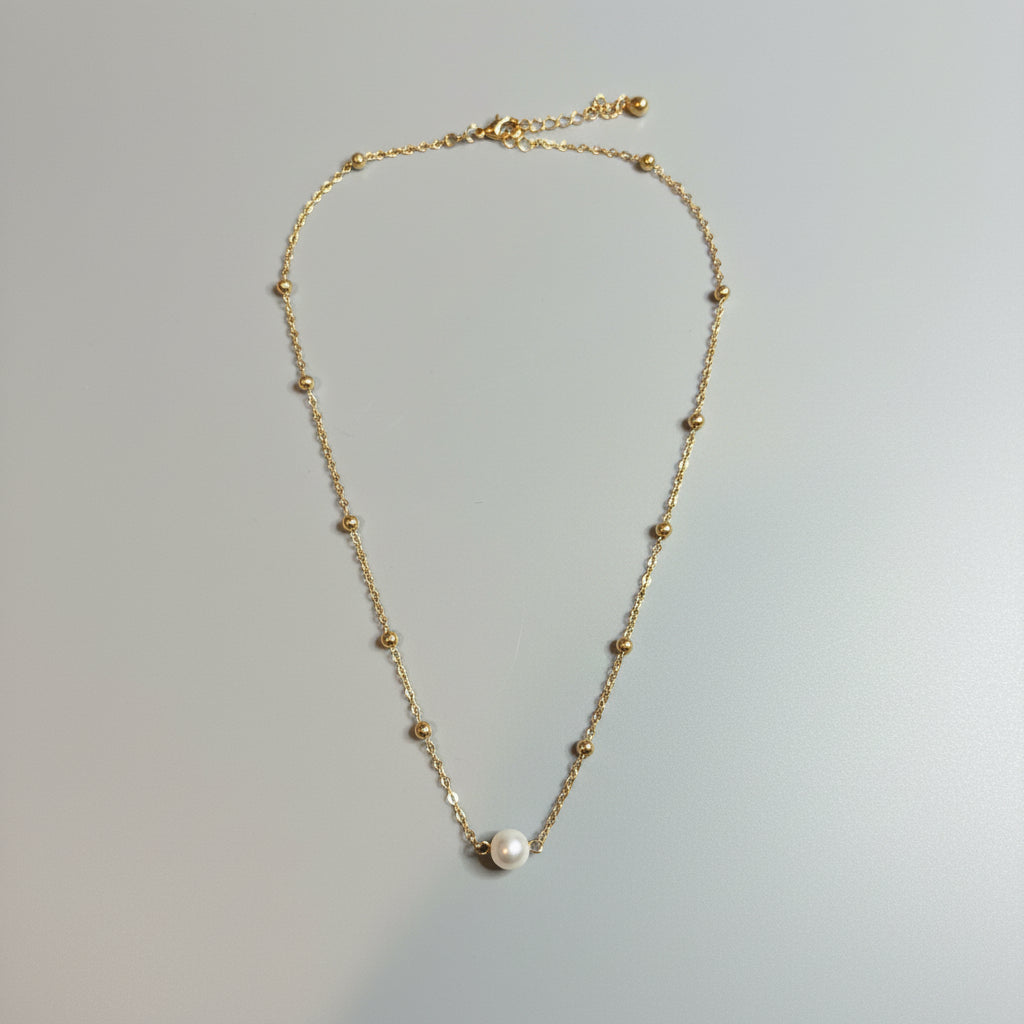 Necklace - Dainty Gold-Tone Chain with Small Bead Accents & a Single Faux Pearl Drop