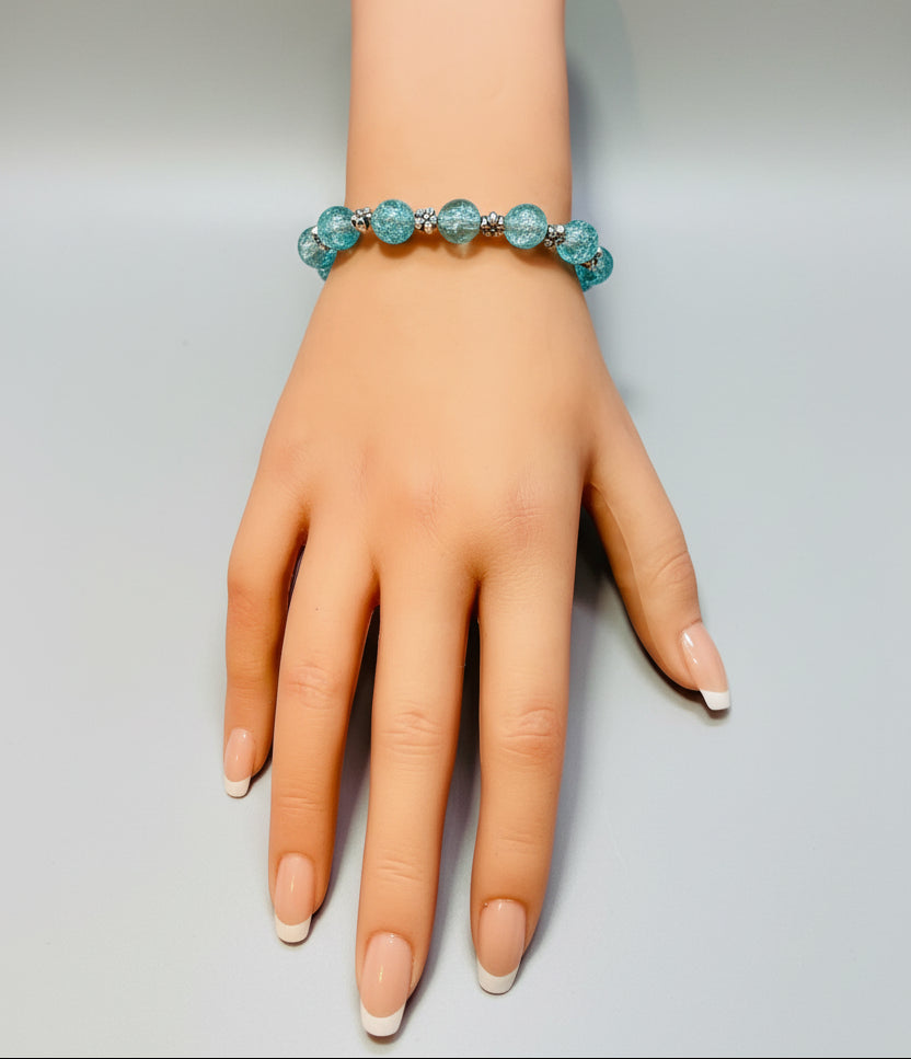 Bracelet - Stretch - Blue Glass Beads with Silver Tone Flower Spacer Beads