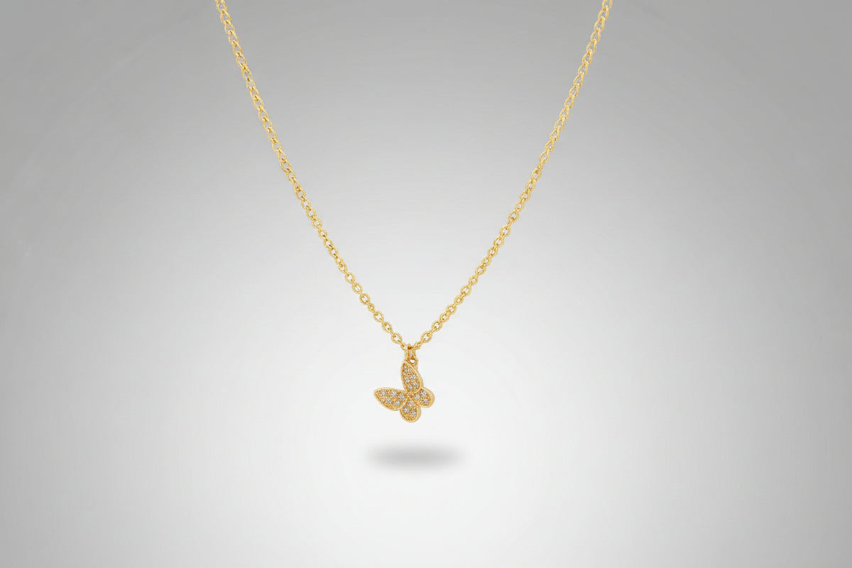 Necklace - Gold Tone Rhinestone Butterfly Pendant