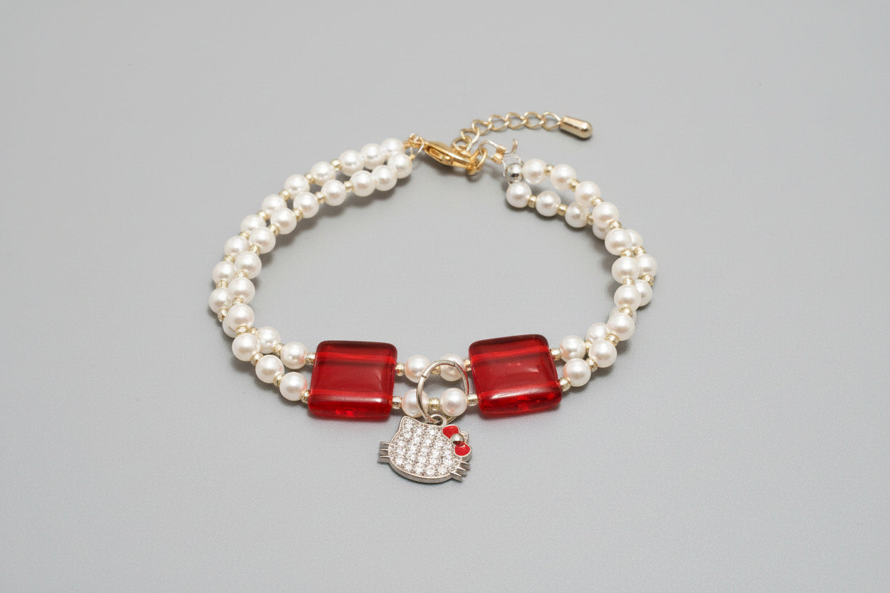 Handmade - Hello Kitty - Double Stranded Faux Pearl Bracelet