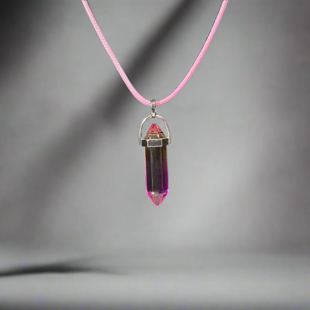 Necklace - Gradient Pink Crystal Pendant with Pink Cord