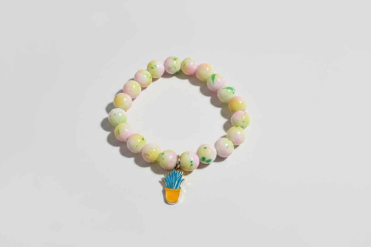 Bracelet - Yellow Glass Beaded with Planter Charm - #1044