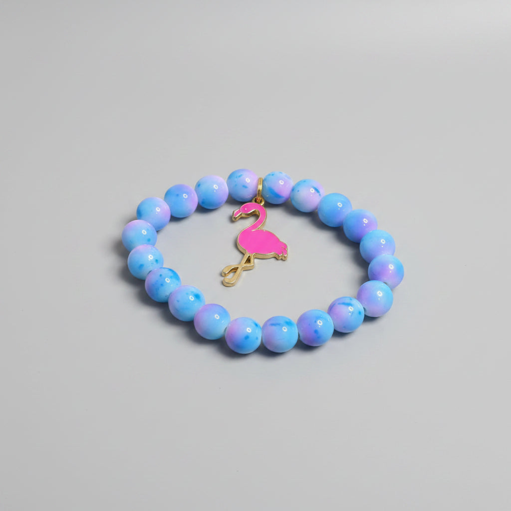 Bracelet - Stretch Blue & Pink Glass Beads with Flamingo Charm - #1045