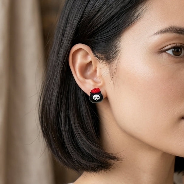 Earrings - Red & Black - Bubbling Cauldron - Studded - Handmade