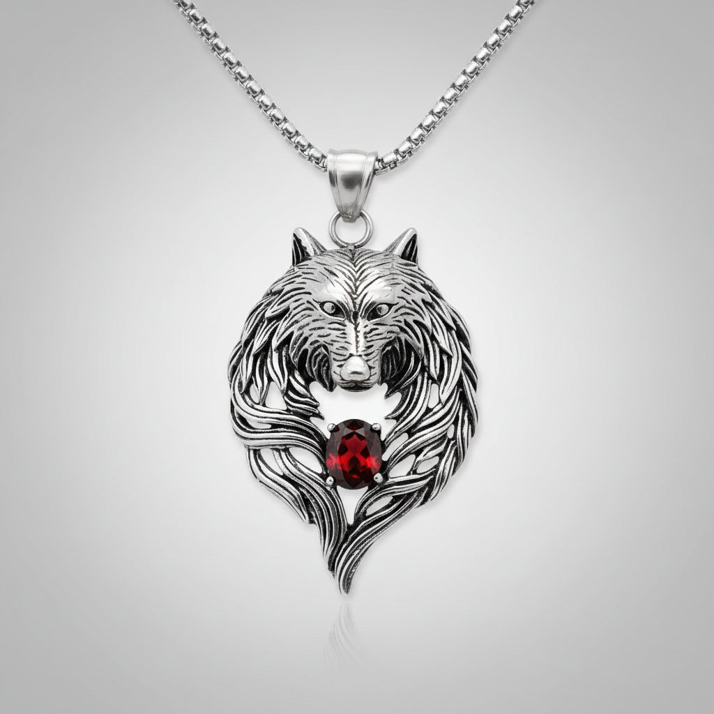 Necklace - Fenrir Viking Wolf Head - Stainless Steel Chain with Red Gem Medallion