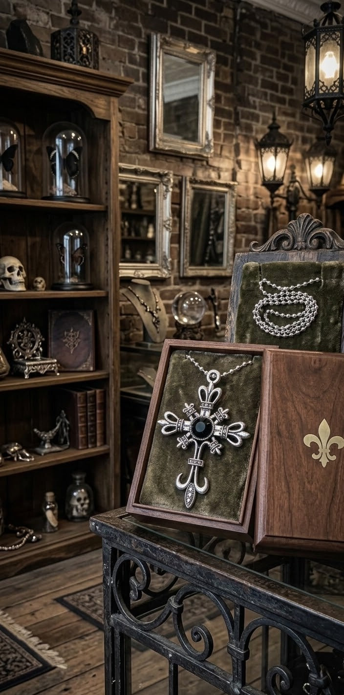 Necklace - Silver-Toned Fleur De Lis Cross featuring a Striking Black Gem