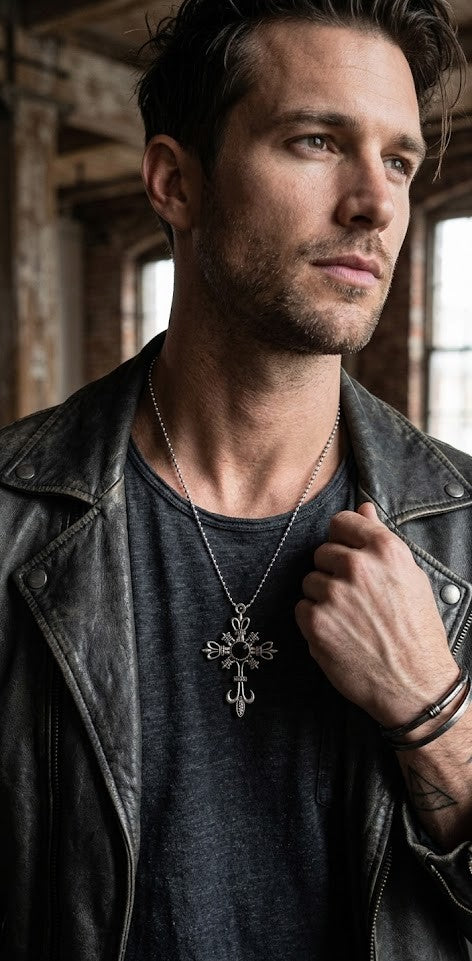 Necklace - Silver-Toned - Fleur De Lis Cross - featuring a Striking Black Gem