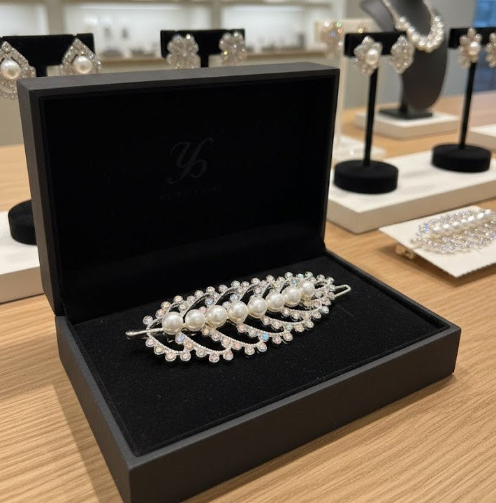 Silver Tone Leaf Shaped Hair Clip Adorned with Faux Pearls & Rhinestones