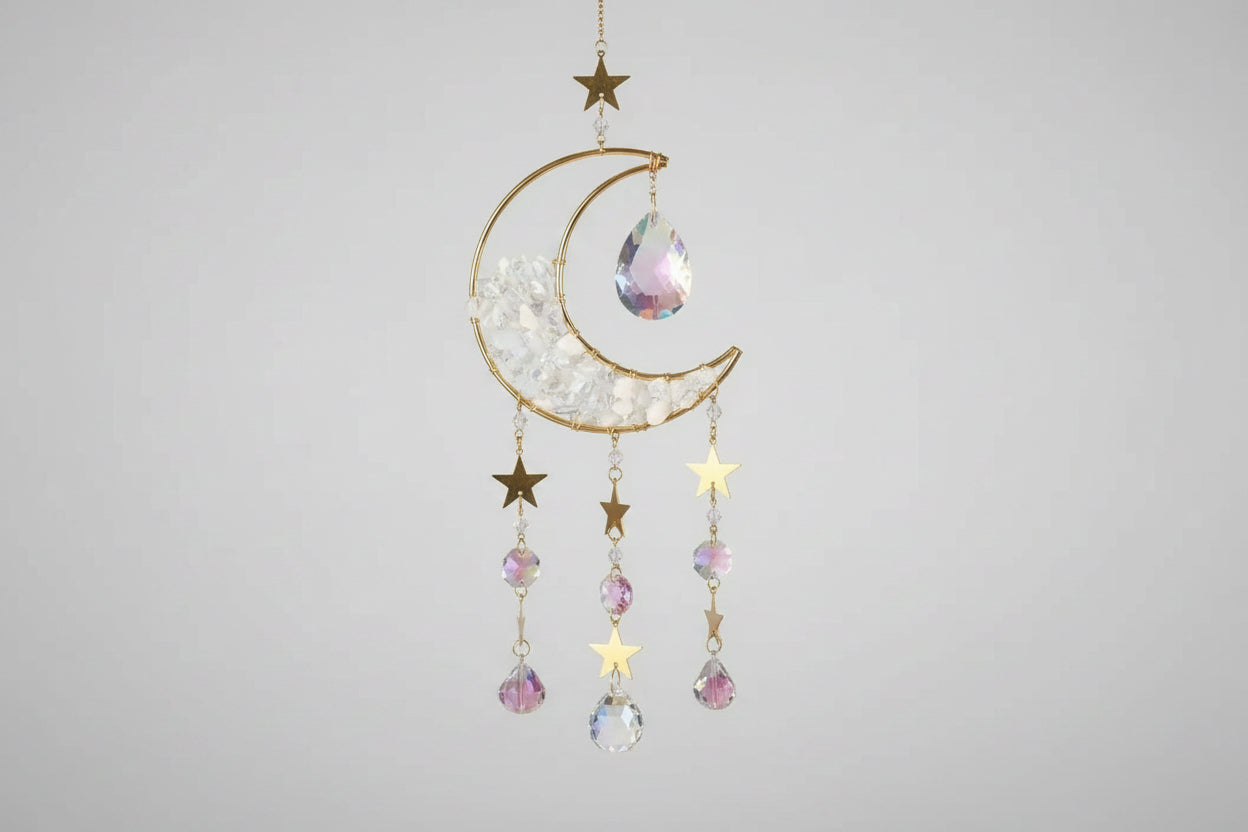 Crystal Moon Hanging Suncatchers - 18" Available in Obsidian, Green Aventurine, Rose Quartz, Amethyst, or Citrine