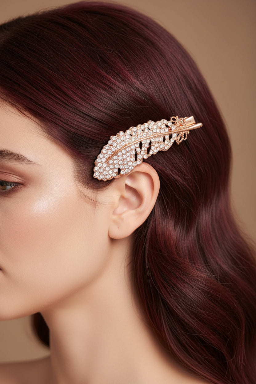 Hair Claw - Gold Tone Leaf with Decorative Rhinestones